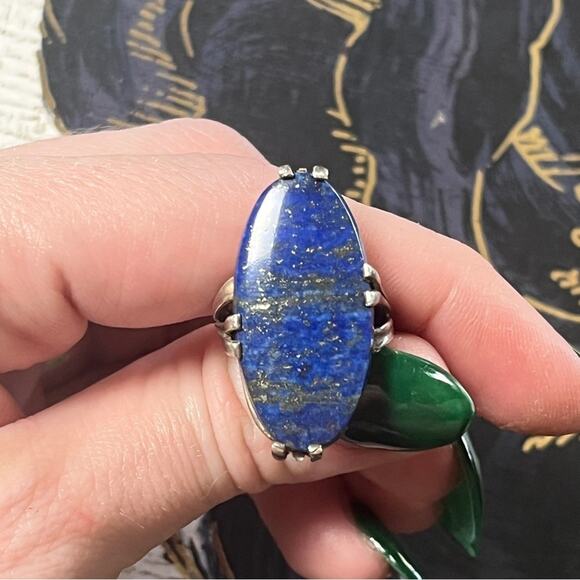 Vintage 925 Sterling Silver and Large Blue Lapis Lazuli Stone Silver Ring D2 - Picture 8 of 14